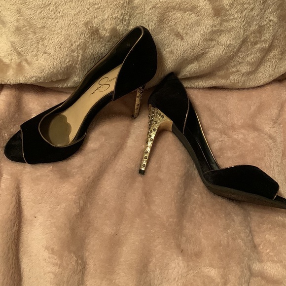 Jessica Simpson Suede black and gold design heels - Picture 3 of 6